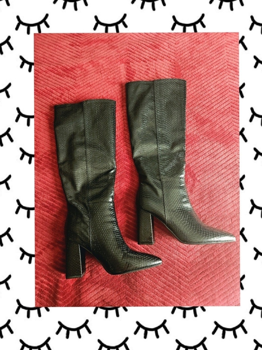 Madden Girl Black Textured Pointed-Toe Midcalf Block Heel Boots